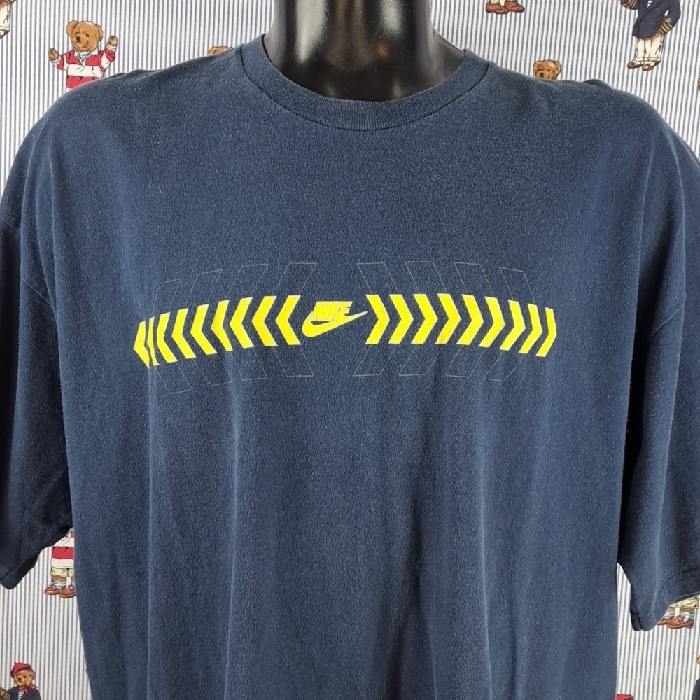 Y2K Nike center swoosh spell-out graphic blue & yellow 2XL casual faded t-shirt